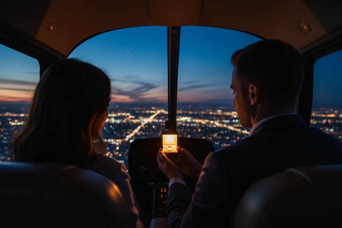 Silhouette of a couple inside a helicopter, one presenting an engagement ring.