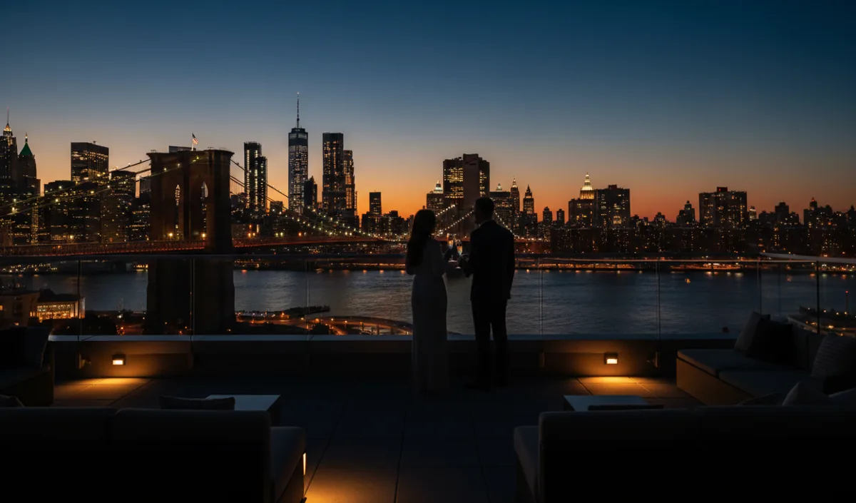 A couple toasts with champagne on a rooftop overlooking the Brooklyn Bridge at night.