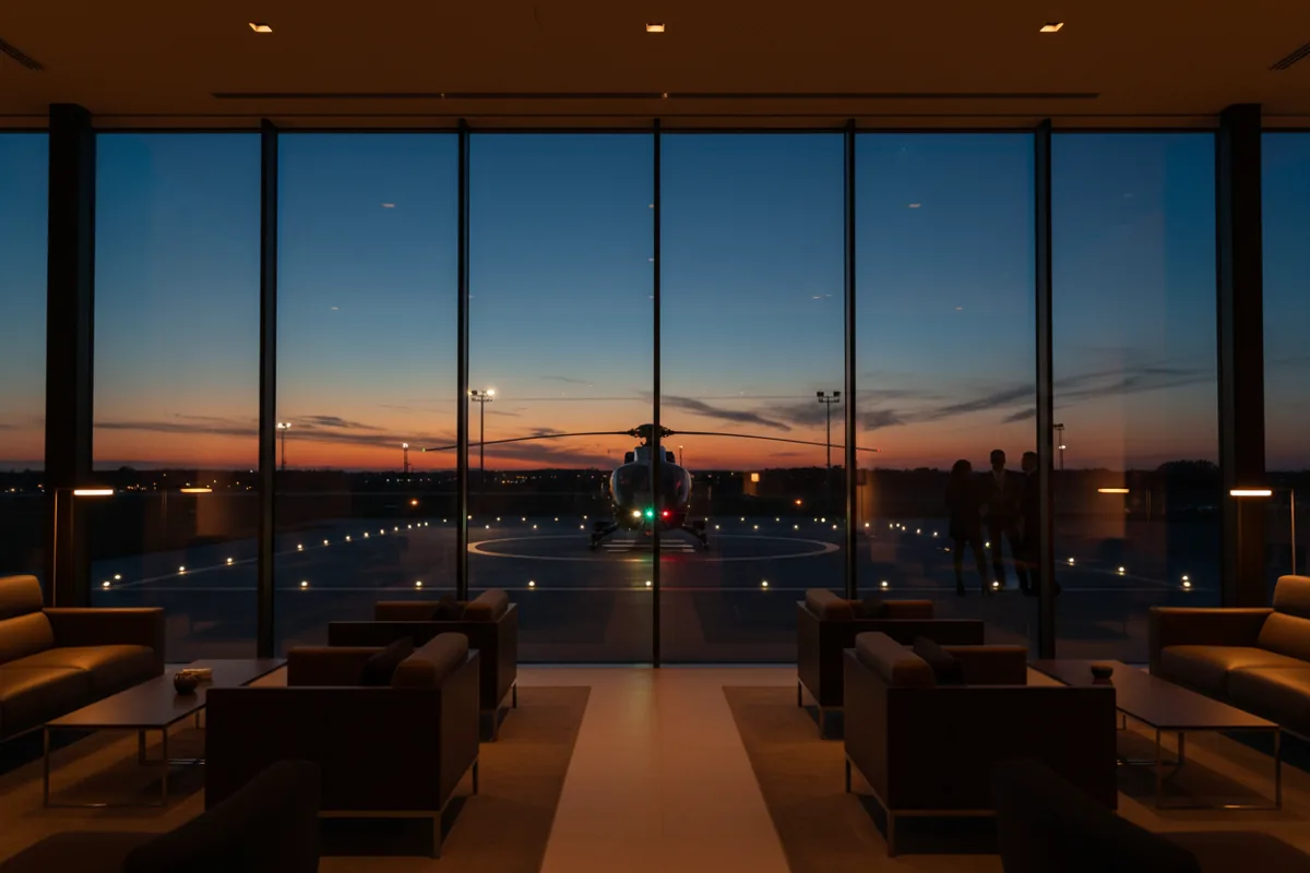 A modern heliport lounge with large windows overlooking a helicopter on a helipad at dusk.