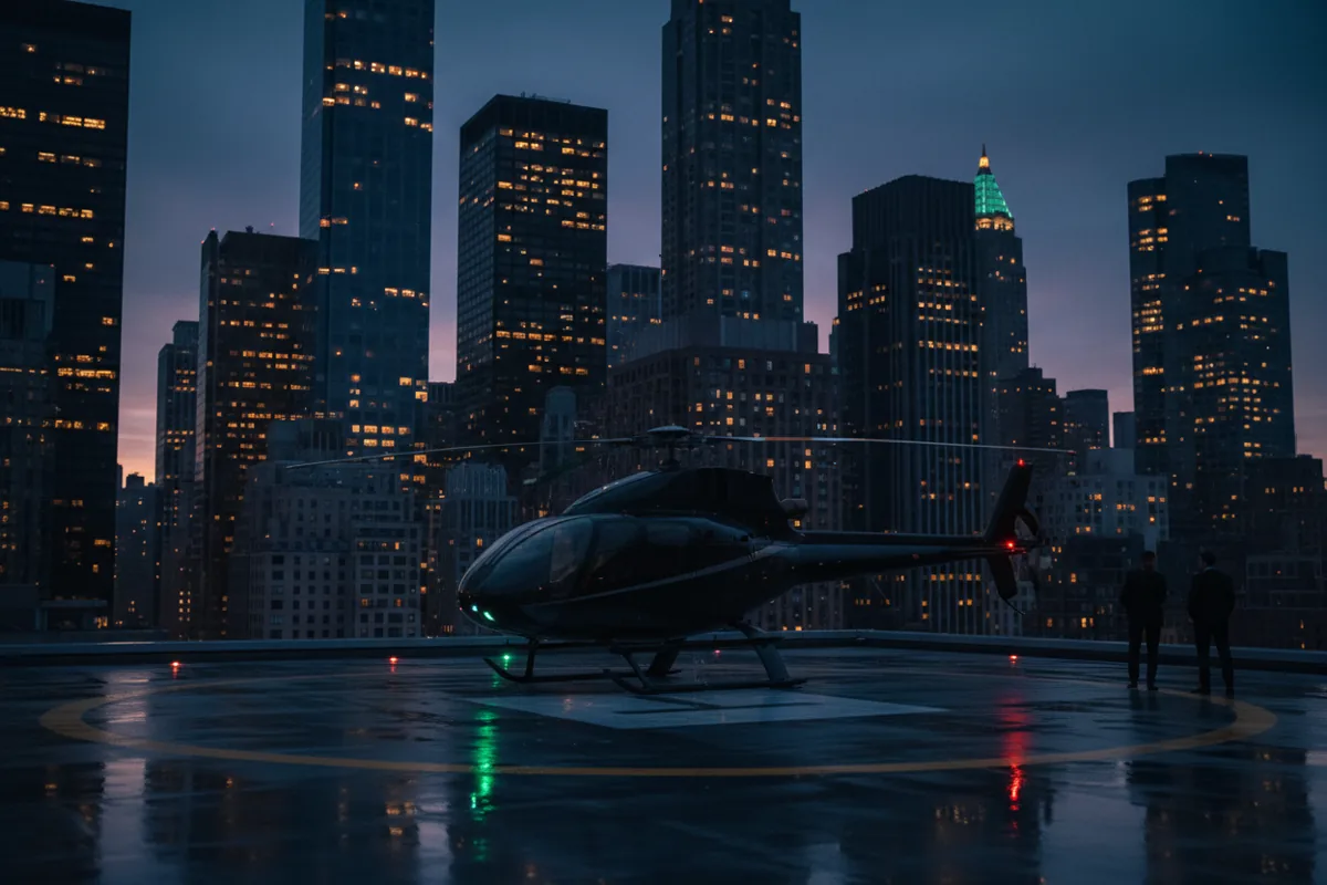 A private helicopter on a rooftop helipad in Manhattan at twilight.