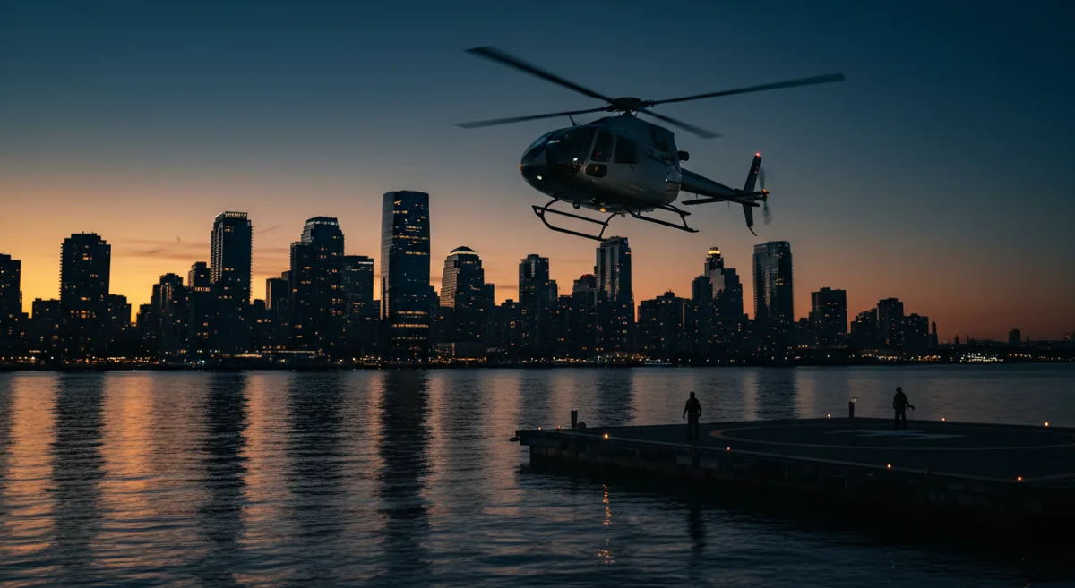 A helicopter lands at a waterside heliport with the Jersey City skyline in the background at dusk.