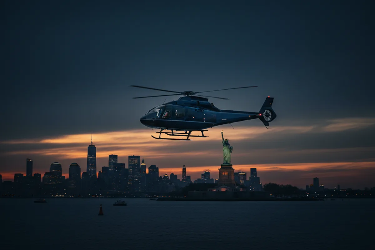 A helicopter flies past the Statue of Liberty in New York Harbor on a clear, sunny day.