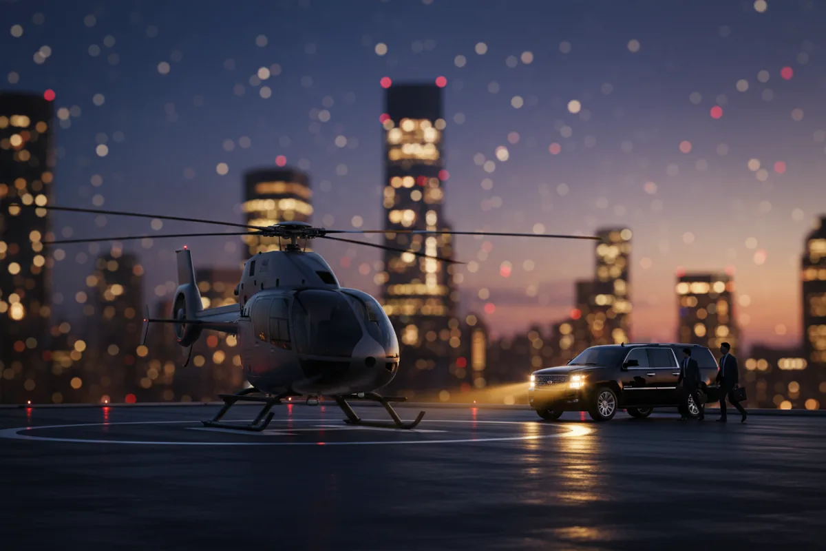 A helicopter on a rooftop helipad in a city at dusk, with a luxury black SUV waiting nearby.