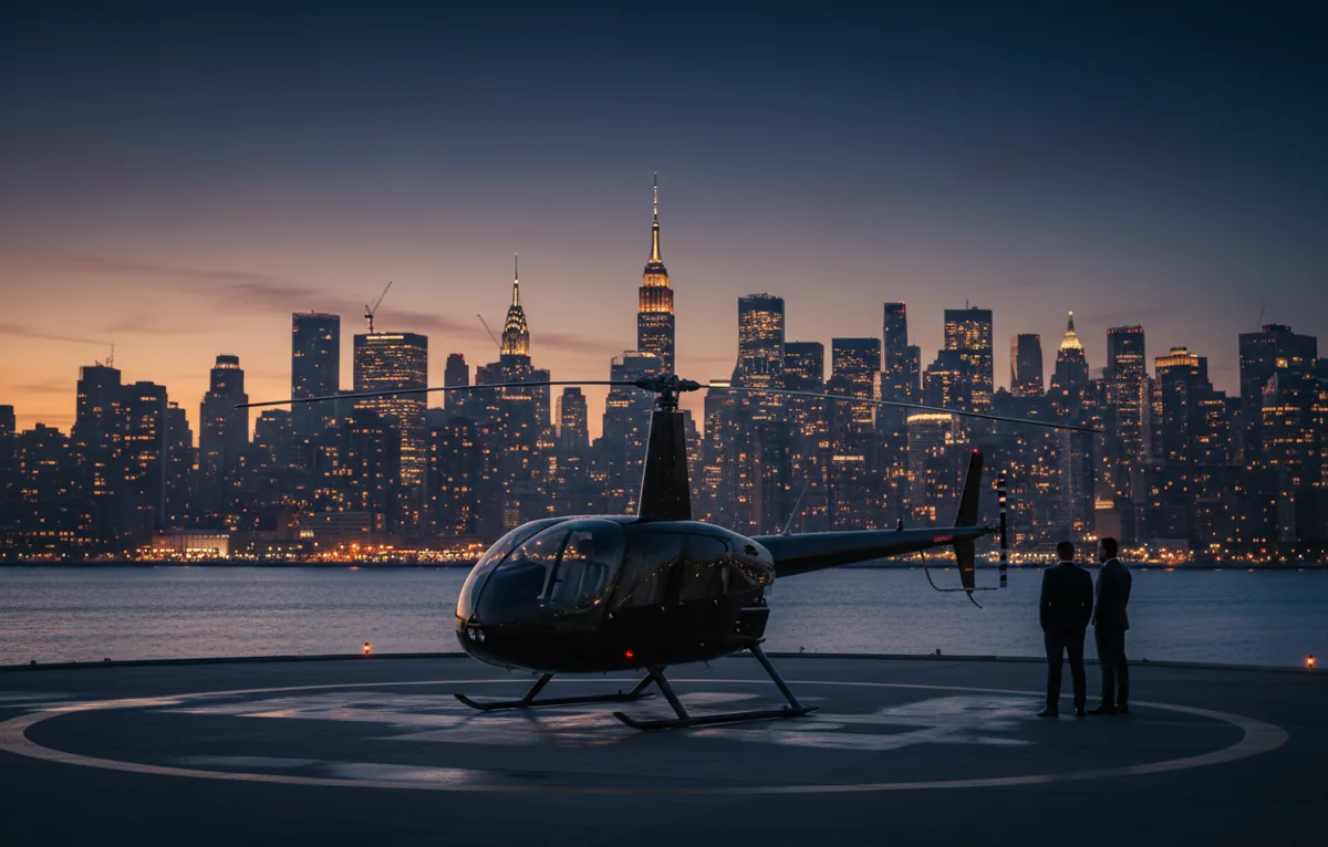 A helicopter on a helipad at night with the New York City skyline in the background.