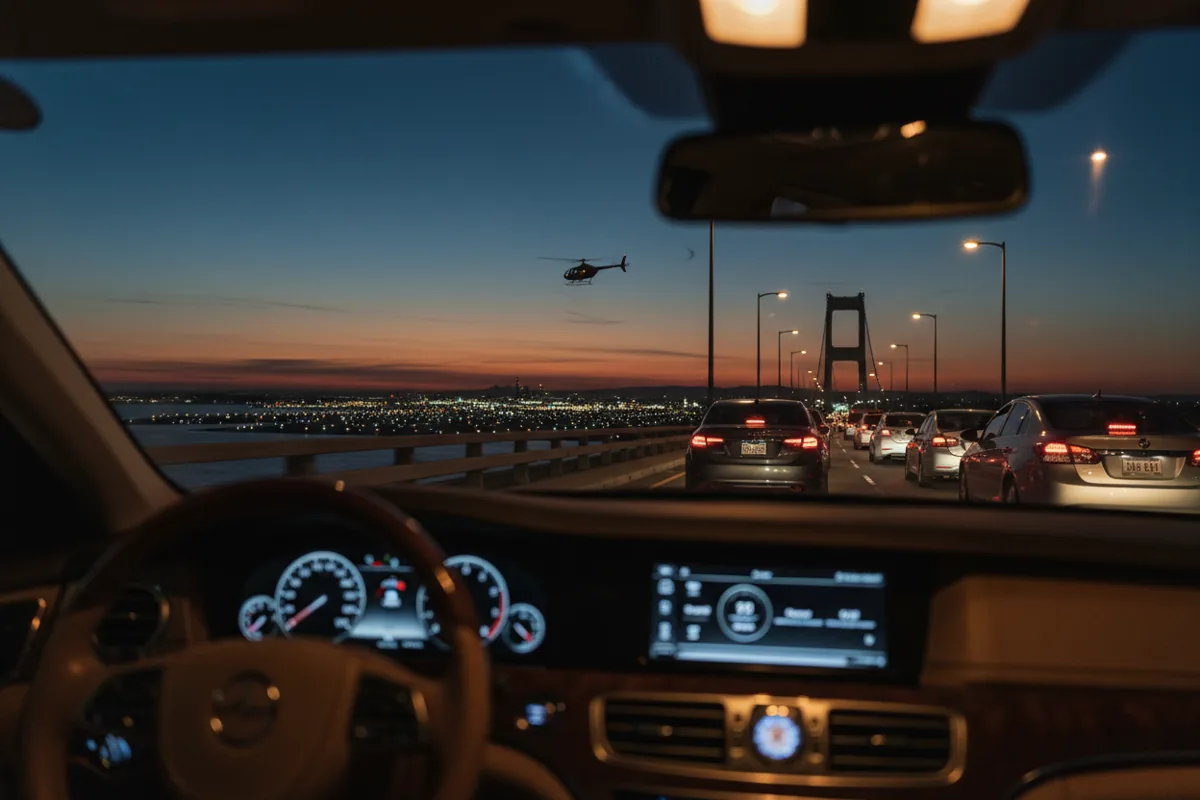 View from a car in traffic at dusk, as a helicopter flies across the sky toward a distant airport.