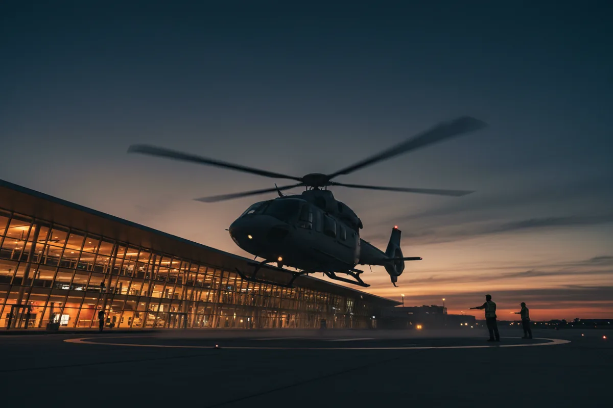 A helicopter with blurred rotor blades lands at an airport terminal in the evening.