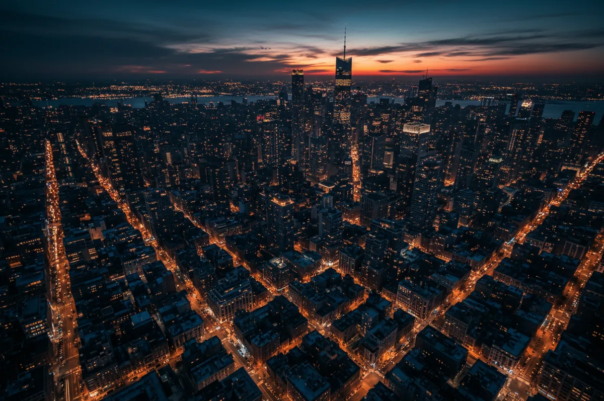 An aerial view looking down on the brightly lit streets of the Manhattan grid at night.