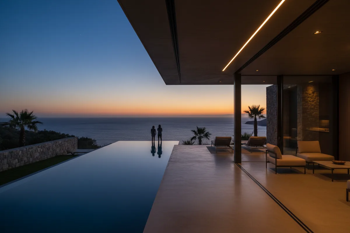 An infinity pool at a luxury villa overlooks the ocean at sunset.