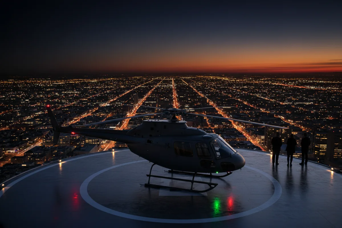 A helicopter on a rooftop helipad at dusk, overlooking an illuminated city.