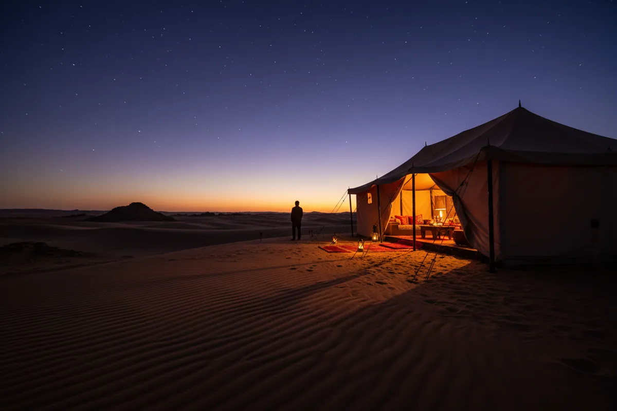 A luxury tent glows in a desert camp under a twilight sky with sand dunes.