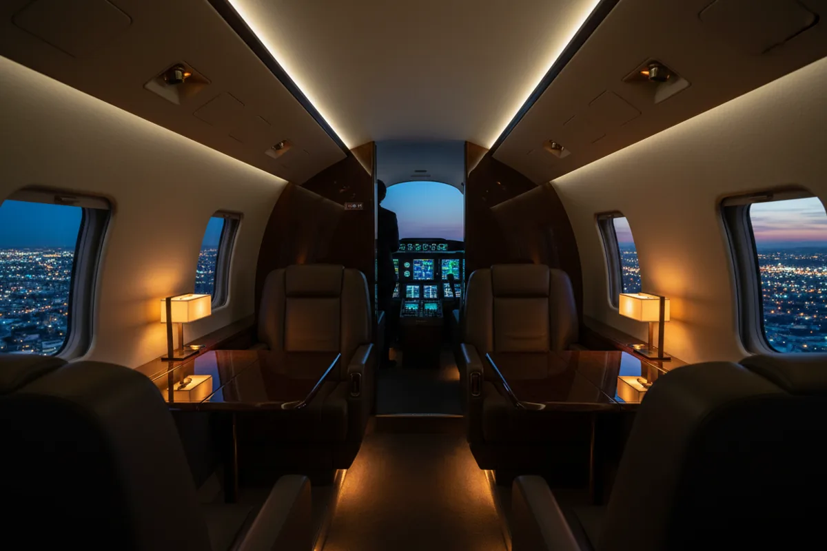 The luxurious interior of an empty private jet cabin with leather seats and warm lighting at dusk.