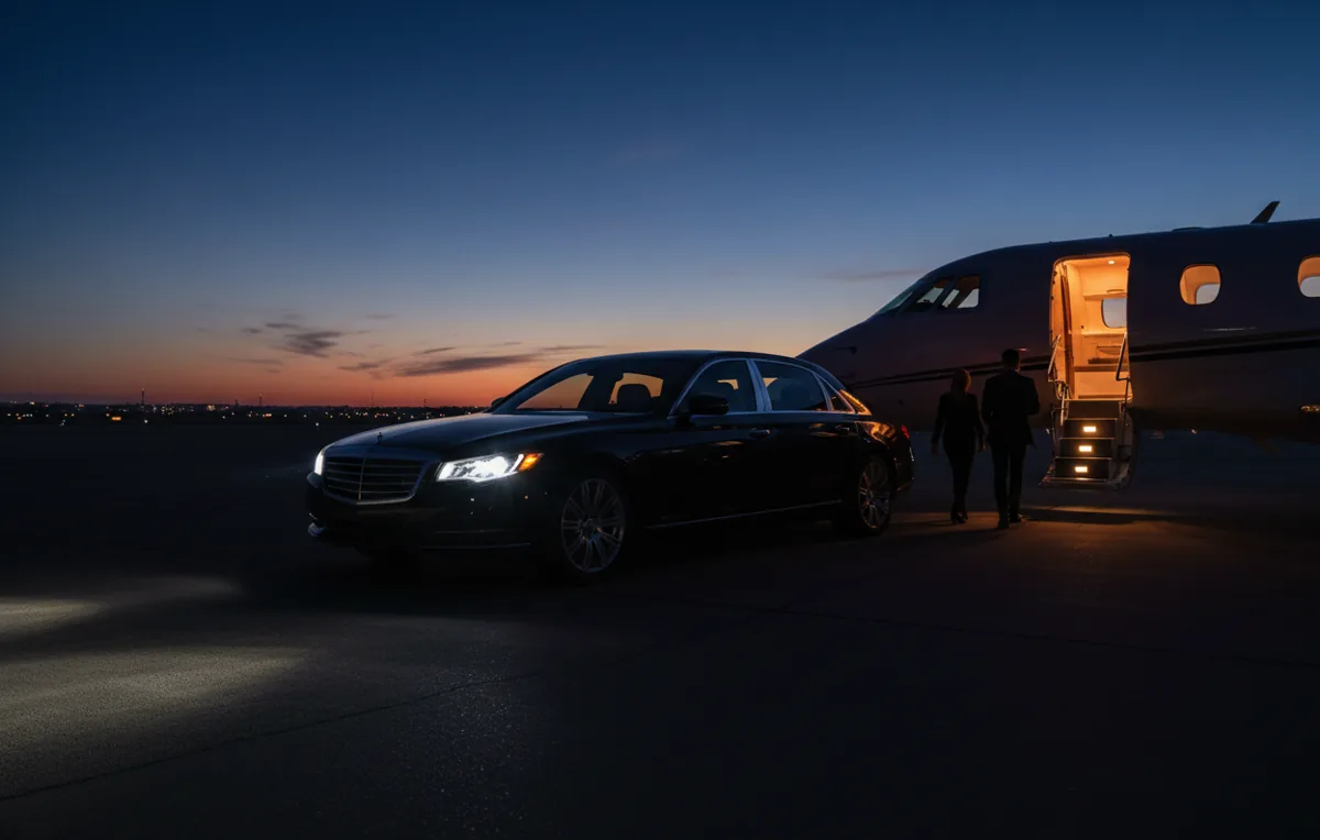 A luxury car parked next to a private jet on the tarmac at dusk, ready for boarding.