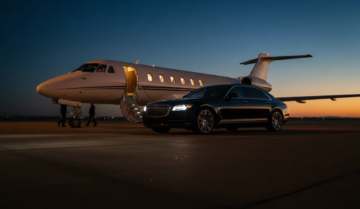 A luxury sedan waits on the tarmac next to the stairs of a private jet at sunset.
