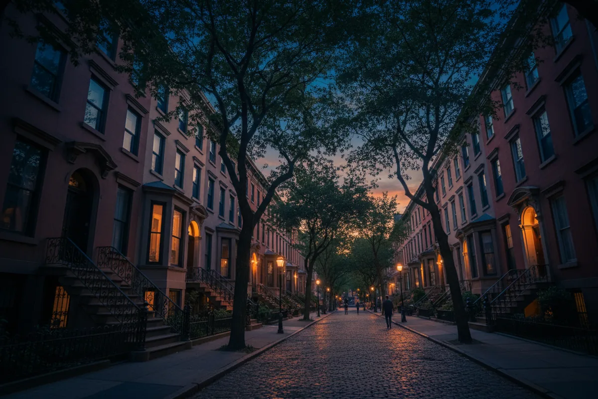 A sunny, tree-lined street with historic brownstone townhouses.