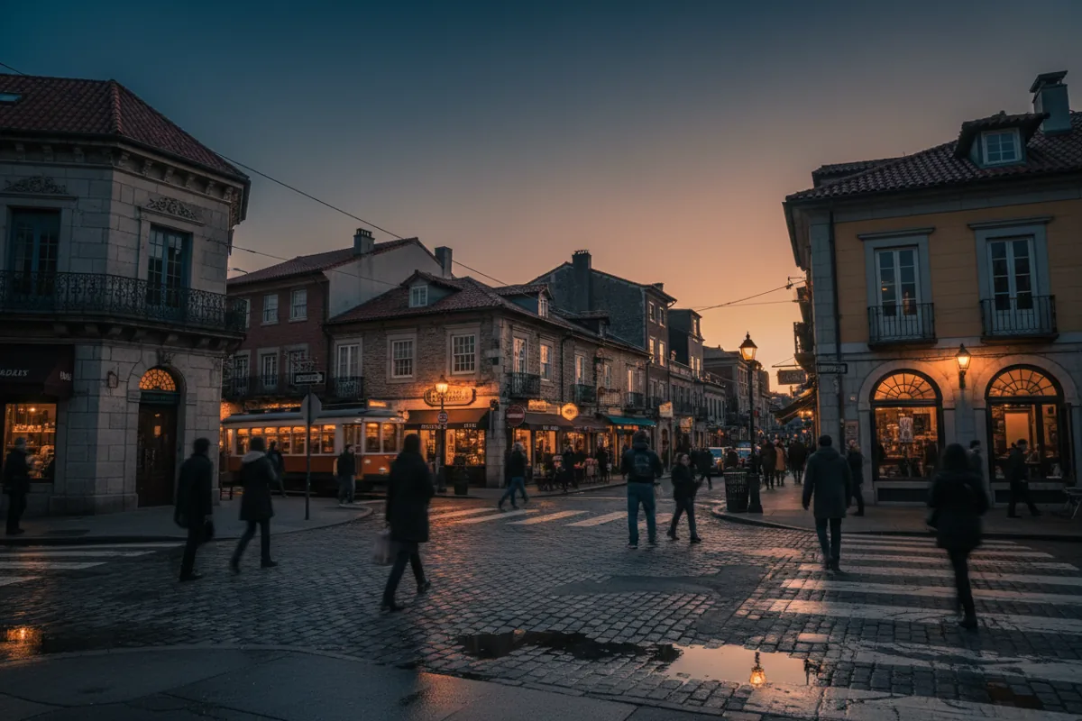 A lively street corner in a historic neighborhood at dusk, with warm light from restaurants and European-style buildings.