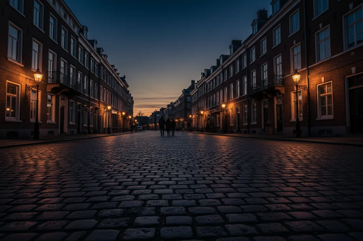 An empty cobblestone street in a historic neighborhood is bathed in warm morning sunlight.