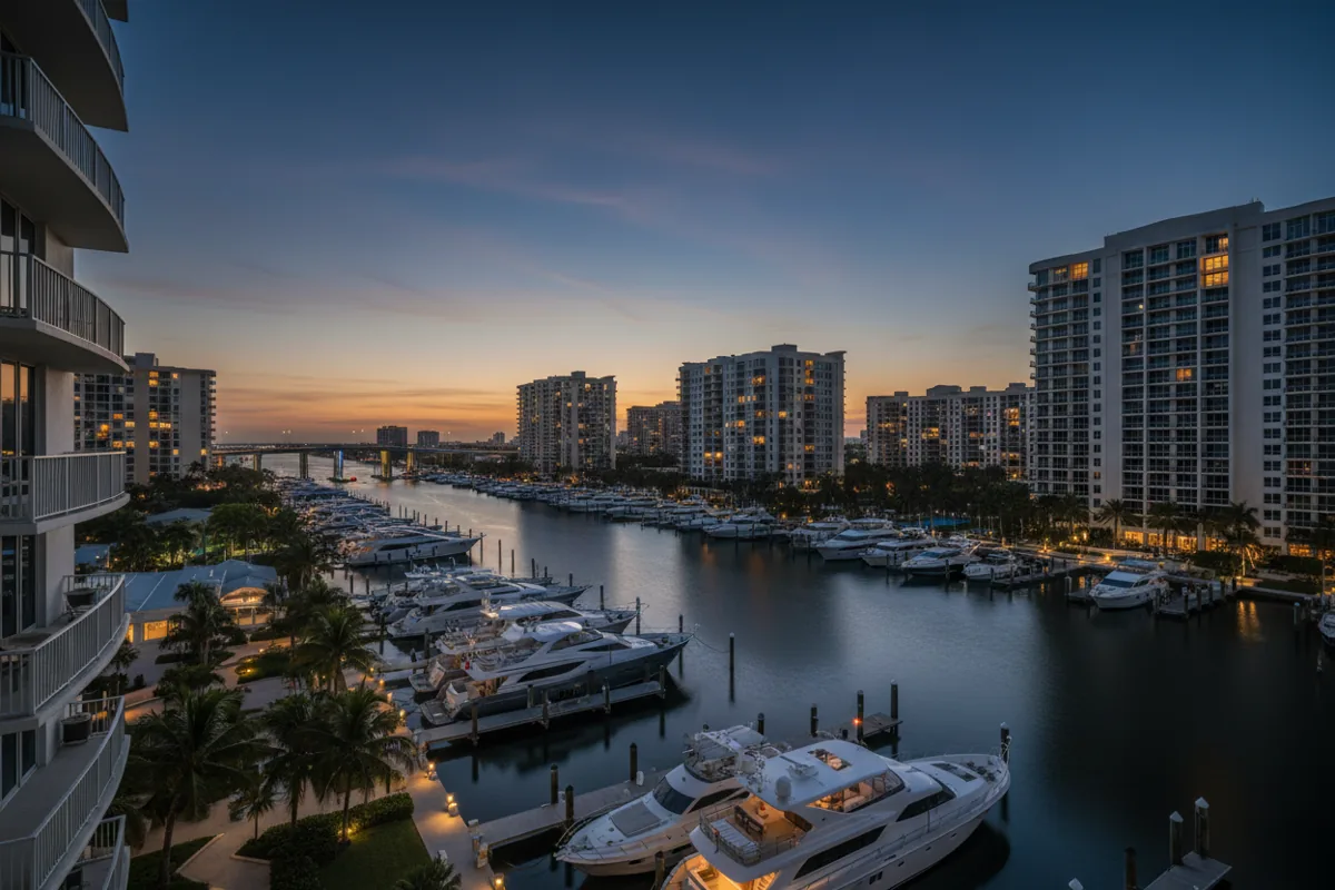 View of the Intracoastal Waterway in Hollywood, Florida at twilight with illuminated buildings and boats.