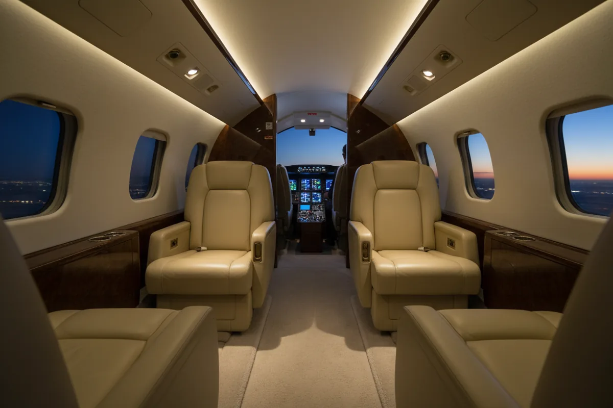 The interior of a luxurious private jet cabin at night, looking towards the cockpit.