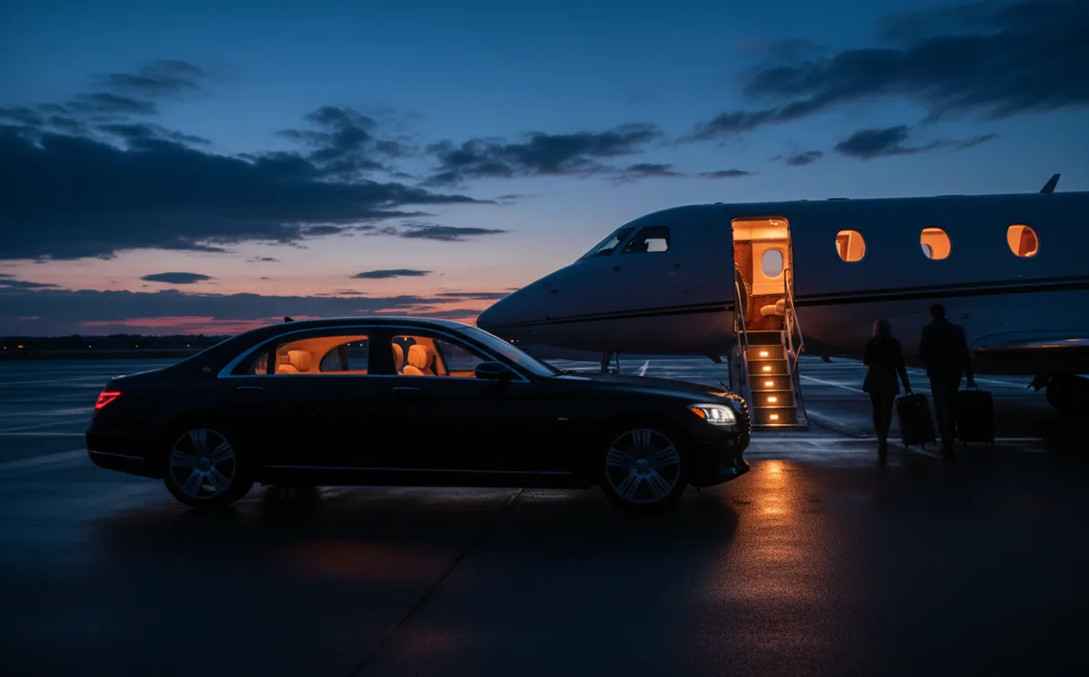 A luxury sedan waiting beside the stairs of a private jet on the tarmac at dusk.
