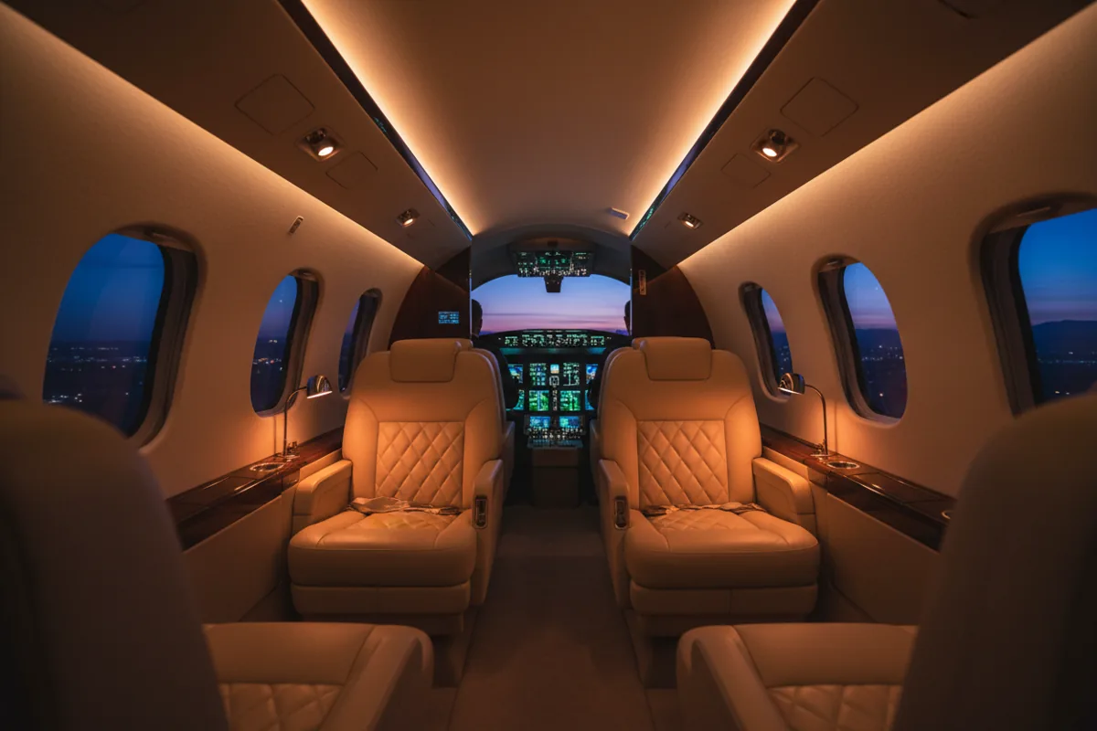 The interior of a luxurious private jet cabin with leather seats at twilight.