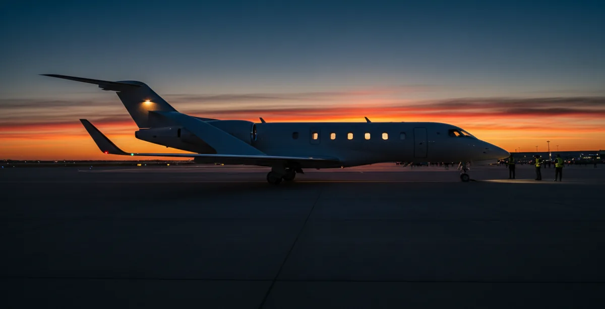 A light business jet with over-wing engines parked on an apron at sunset.