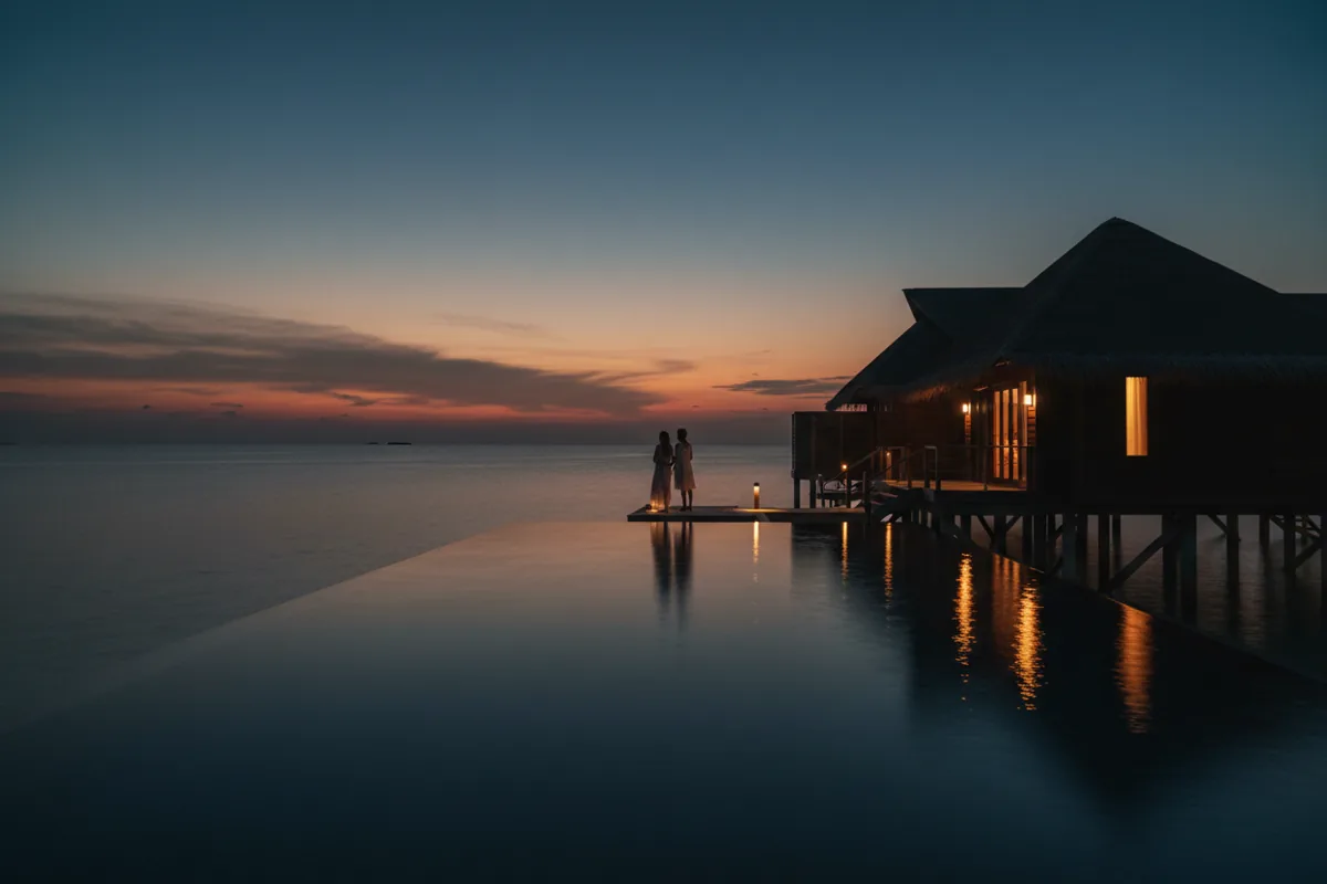 An overwater bungalow in the Maldives with glowing lights, seen from a private pool at dusk.