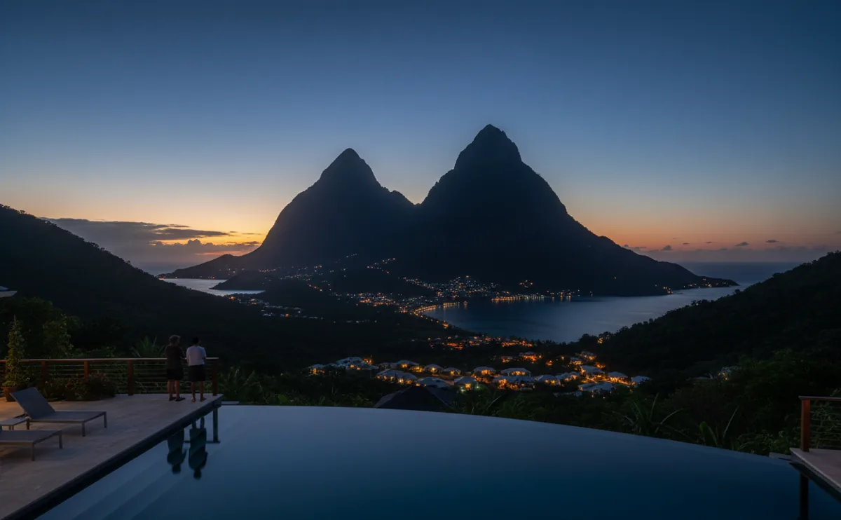 The Pitons of St. Lucia at dusk, with resort lights twinkling along the coast.