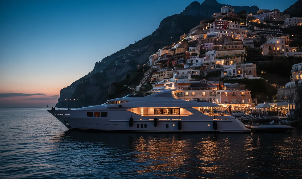 A cliffside village on the Amalfi Coast illuminated at dusk, with a yacht in the bay.