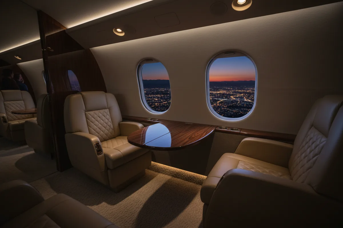 The interior of a luxurious private jet cabin with a city visible out the window at night.