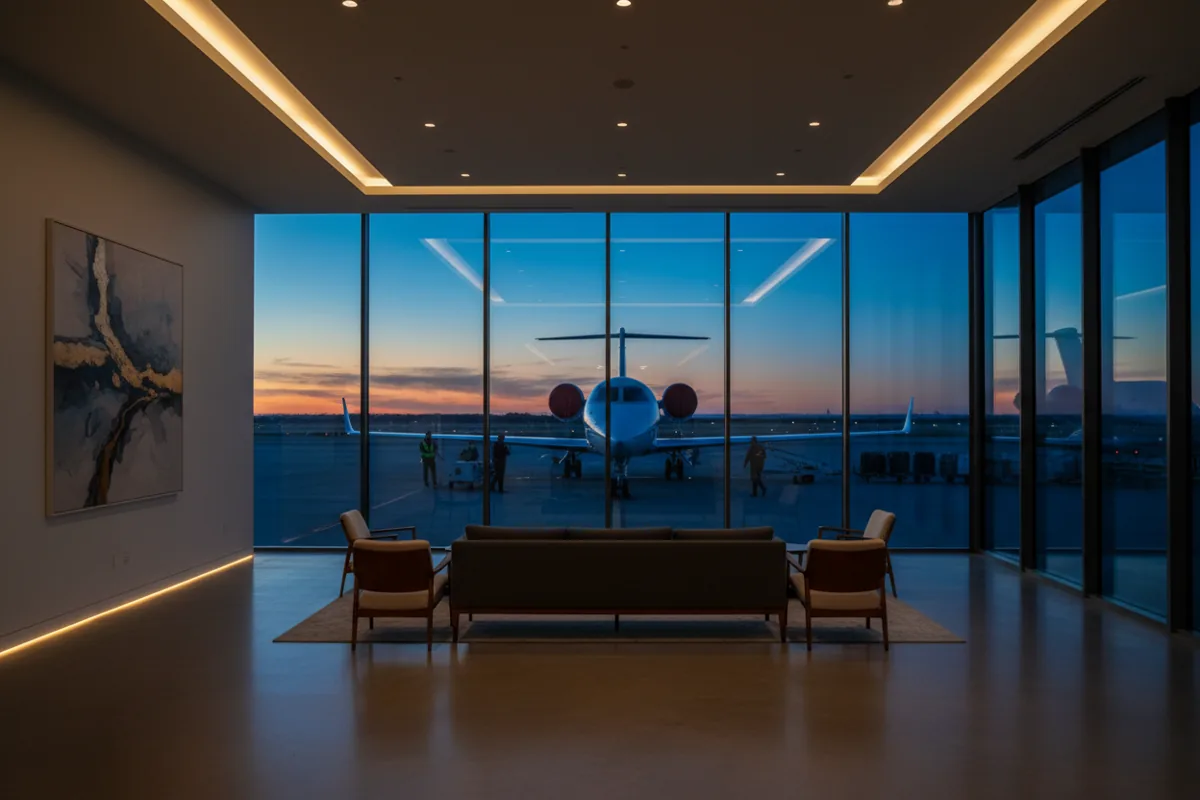 A modern private airport lounge with a view of a jet on the tarmac at twilight.