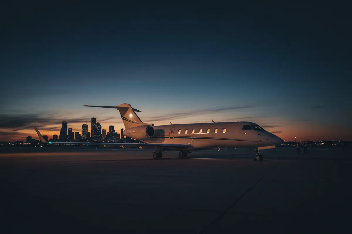A midsize business jet on an apron at sunset with the downtown Houston skyline in the distance.