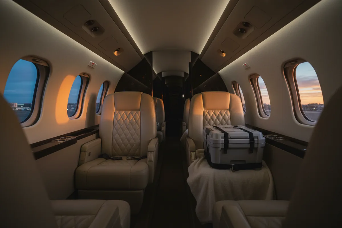 A medical transport cooler secured on a seat inside a calm business jet cabin.