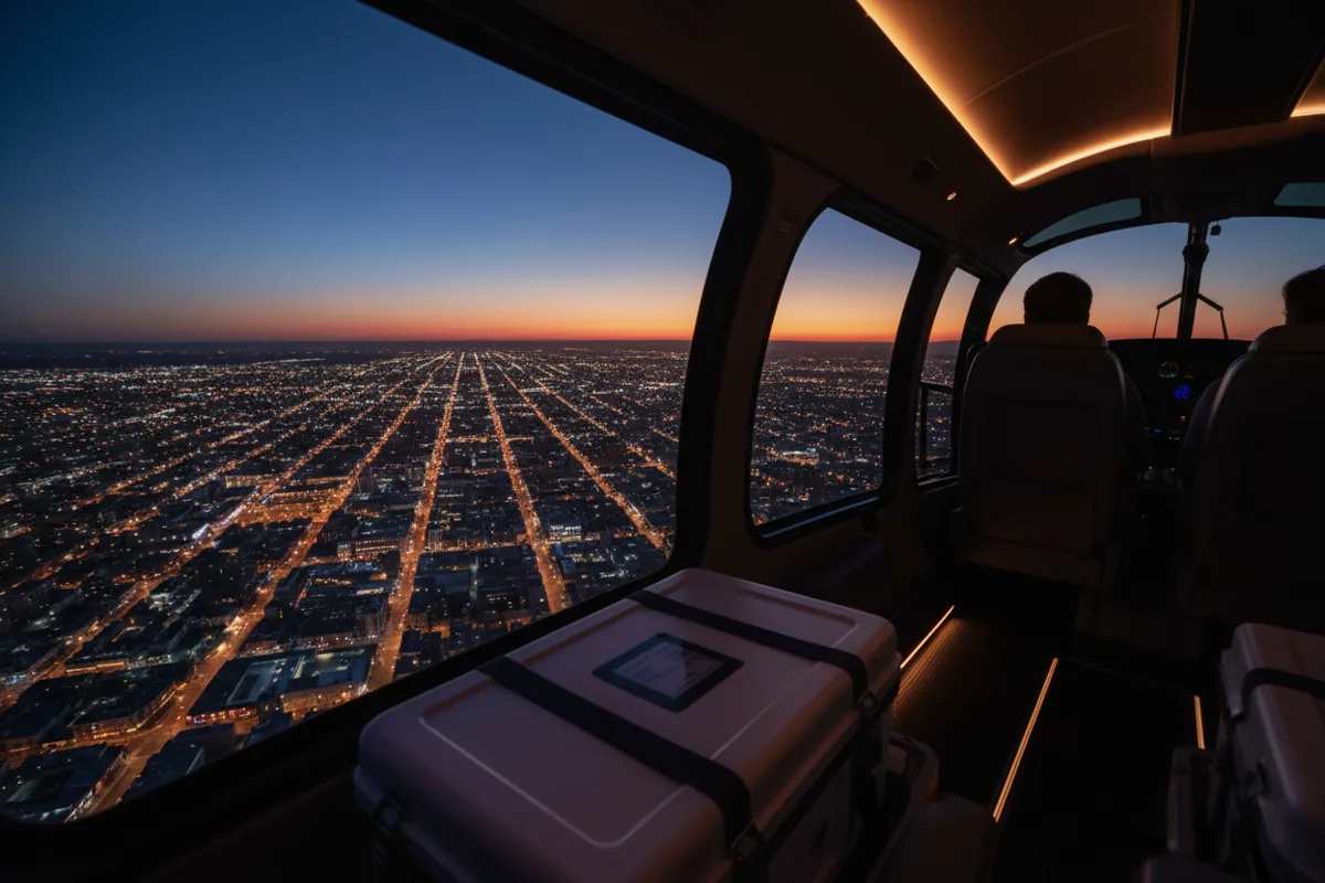 A medical transport container inside a helicopter cabin flying over a city at night.