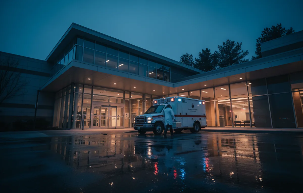 An ambulance and medical personnel at a modern hospital entrance at dusk.
