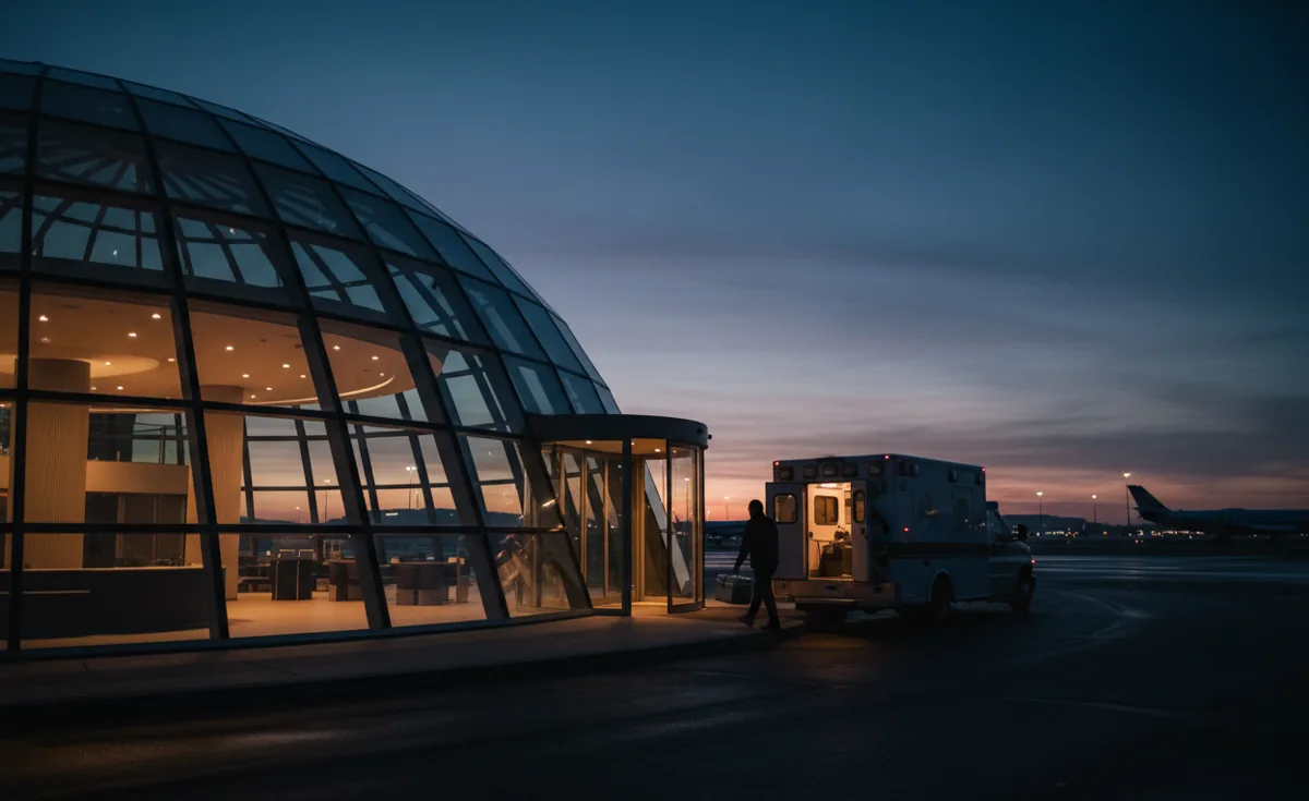An ambulance parked outside a modern airport terminal at dusk during a medical transfer.
