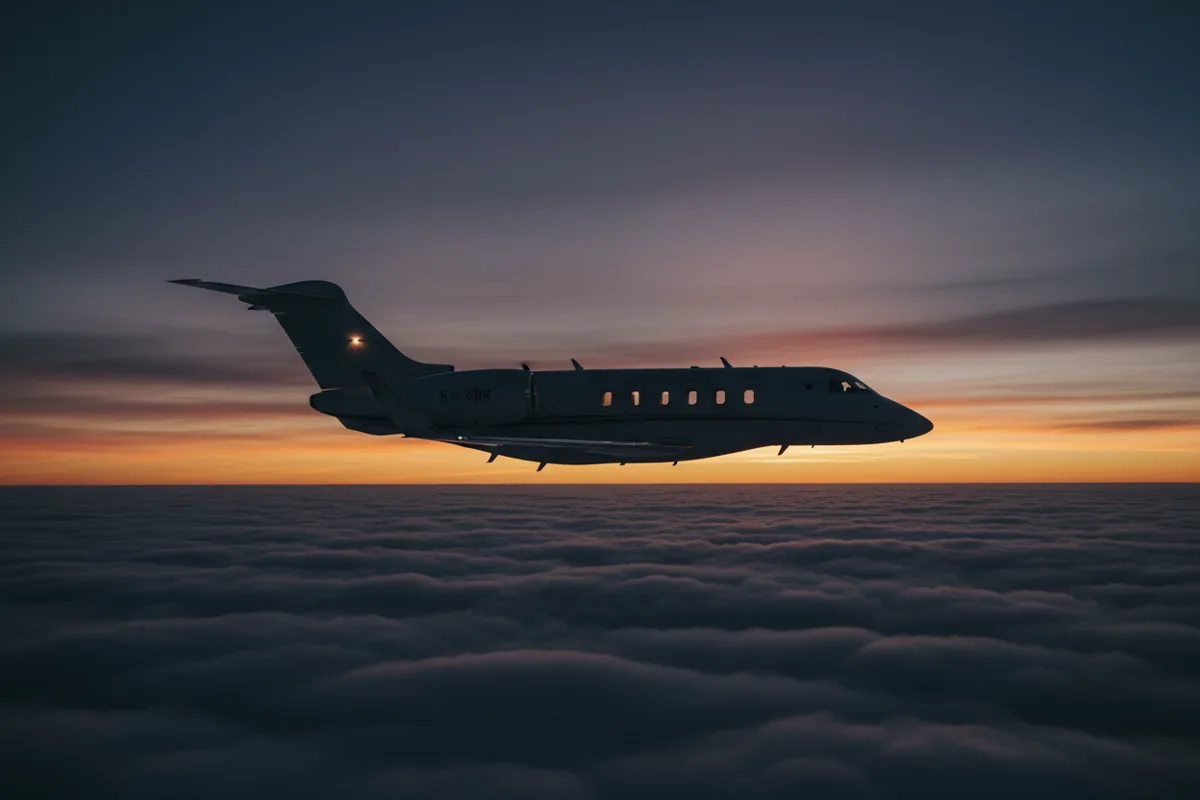 A business jet cruising above a layer of clouds at sunset.