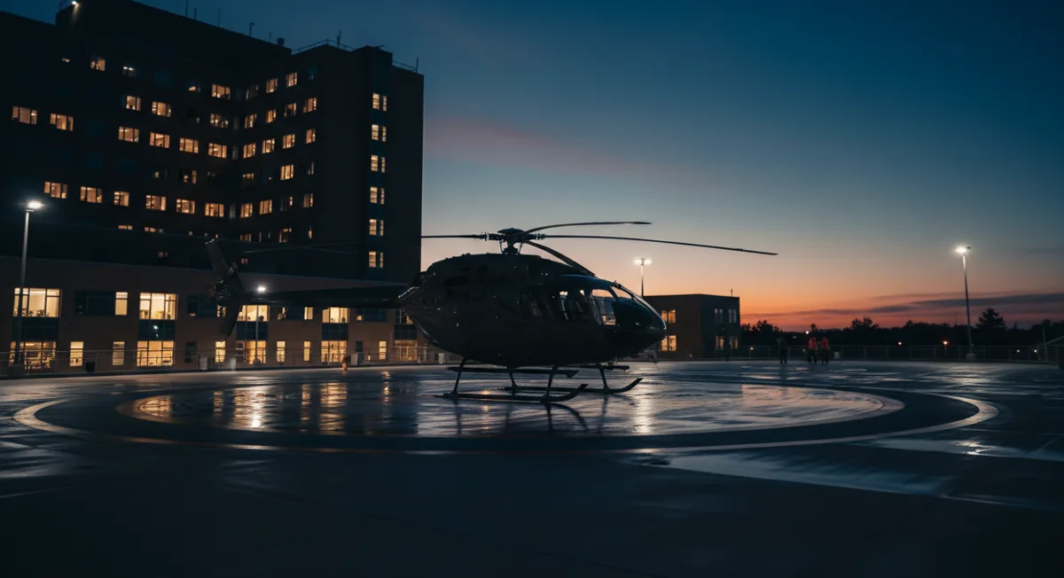 A twin-engine helicopter on a rooftop hospital helipad at night beside the lit hospital tower.