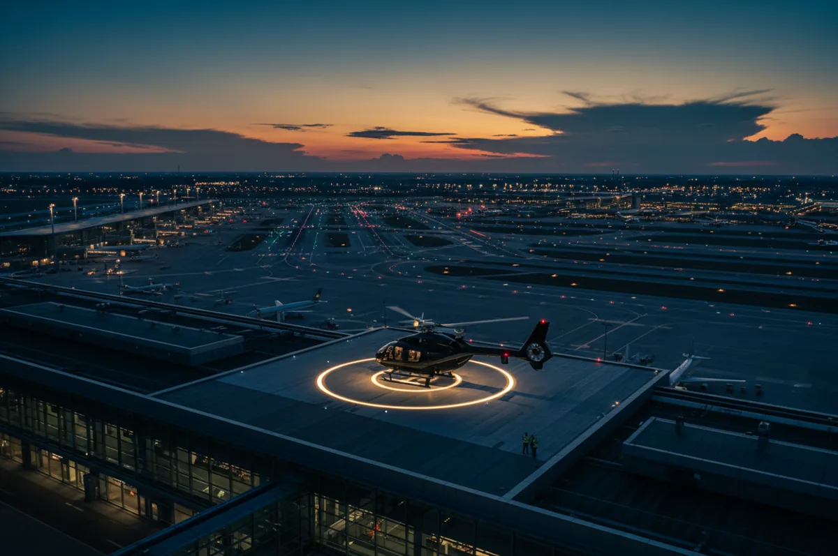 A helicopter lands on a helipad at a large airport at dusk.