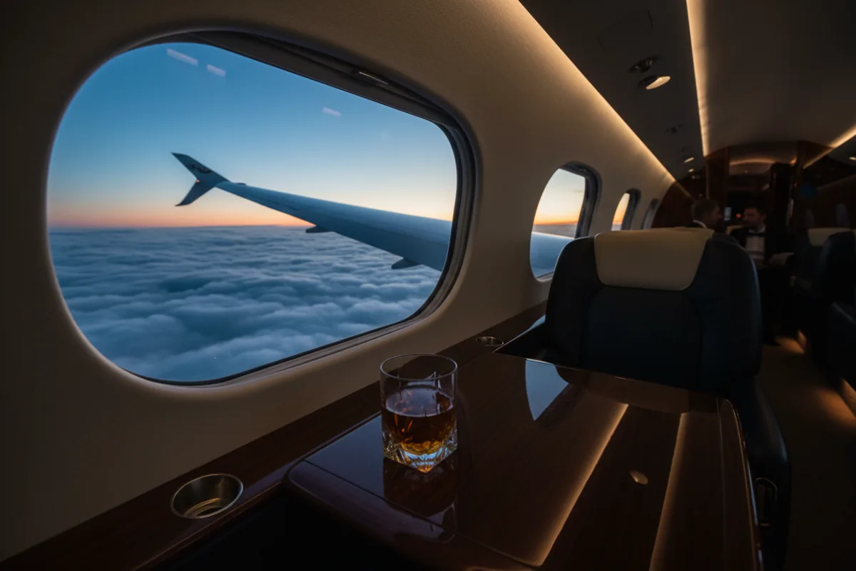 View from a private jet window at twilight, with a drink on a table inside the cabin.