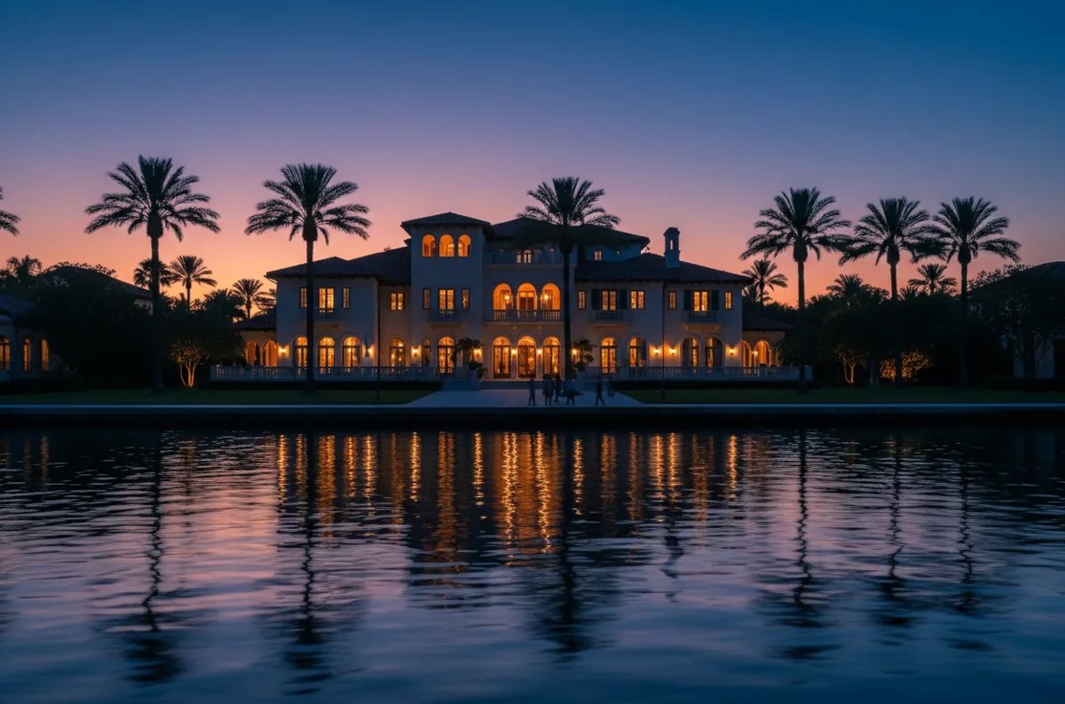 A luxury waterfront mansion and palm trees in Palm Beach at dusk.