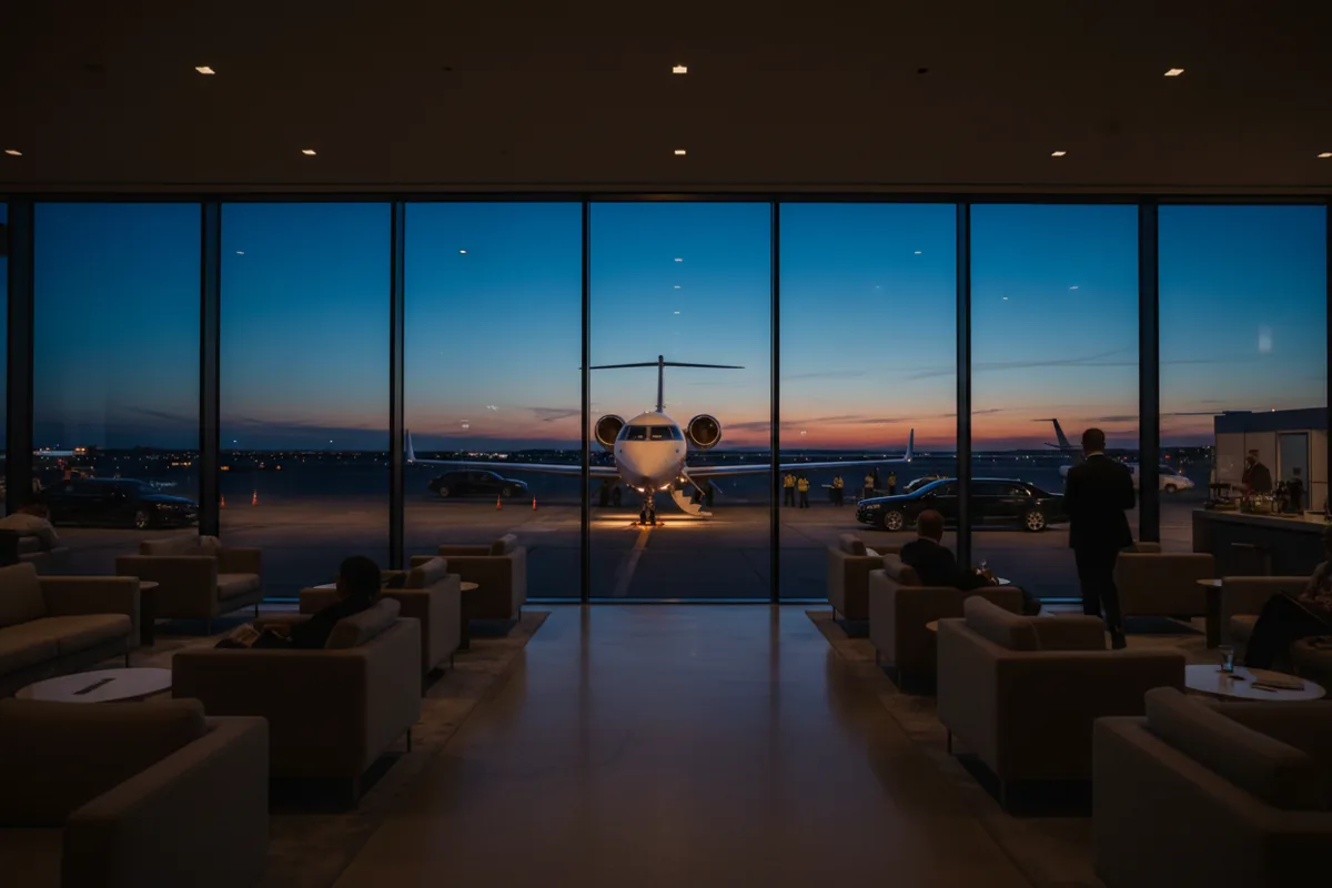 A private jet on the tarmac at dusk, seen from inside a modern airport lounge.