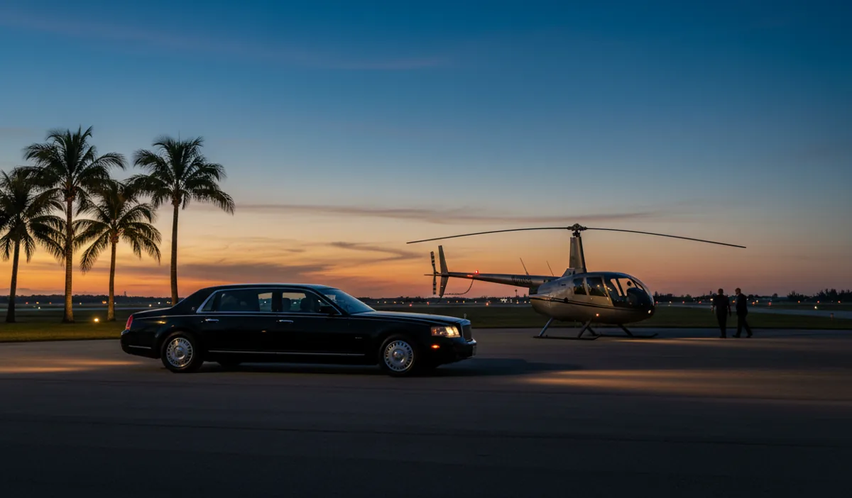 A black sedan waiting near a parked helicopter at a Palm Beach airfield at dusk.