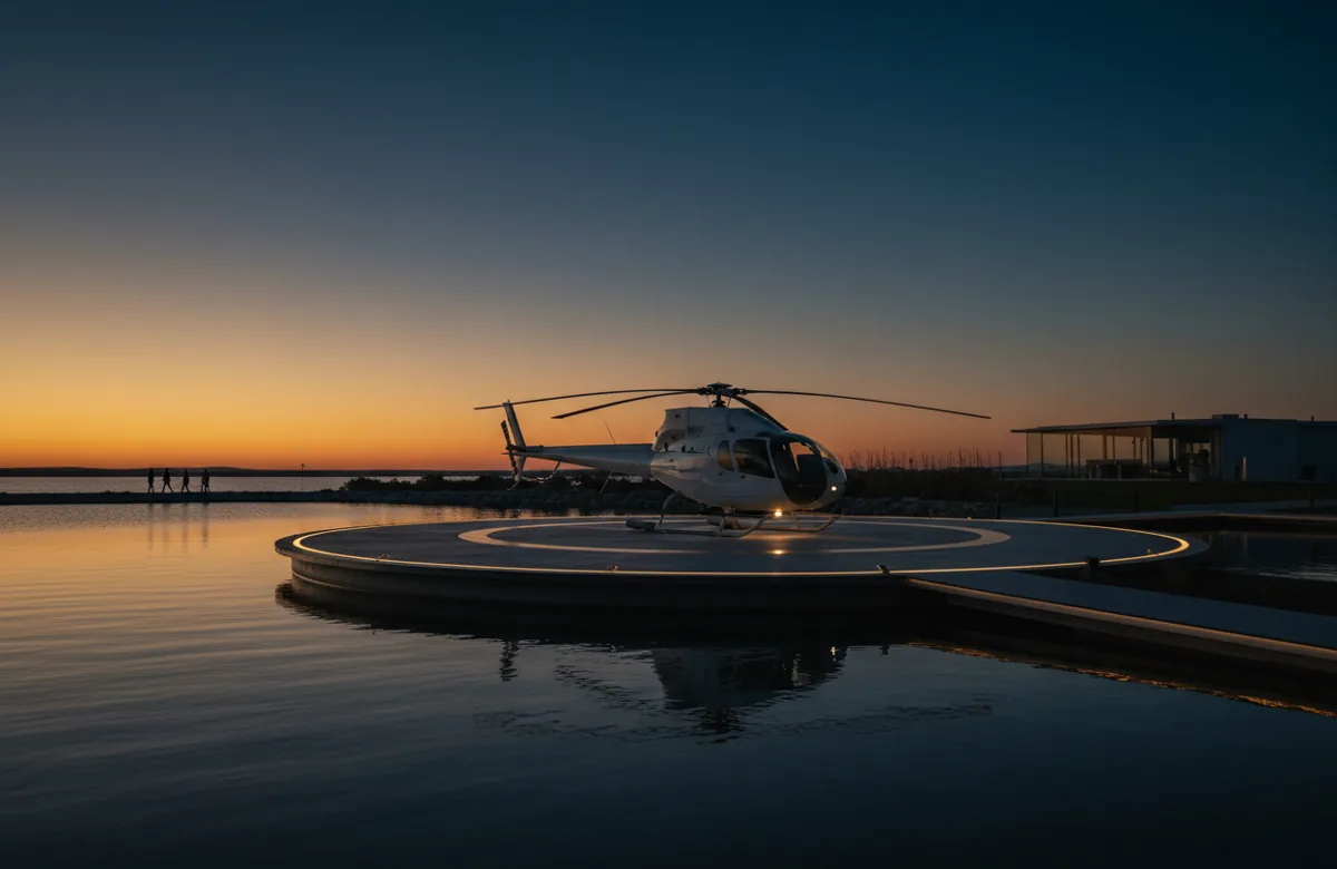 A white BLADE helicopter sits on a waterfront helipad on a bright, sunny day in Florida.
