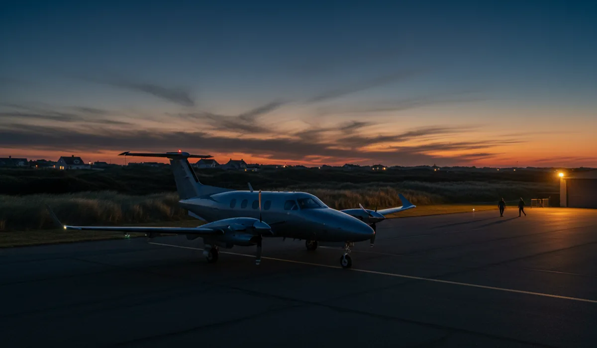 A private turboprop airplane on the tarmac of a small coastal airport at dusk.