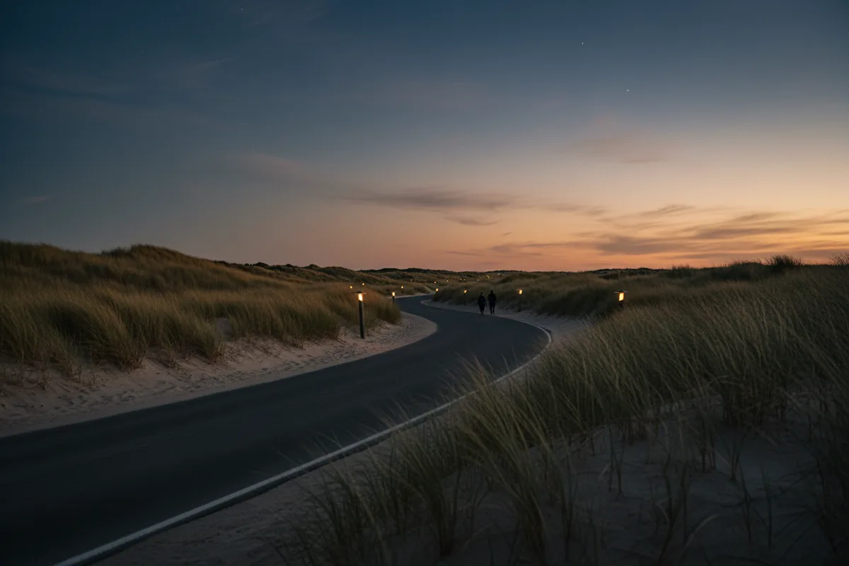 An empty, scenic road winds through the sandy dunes of Montauk in the late afternoon sun.