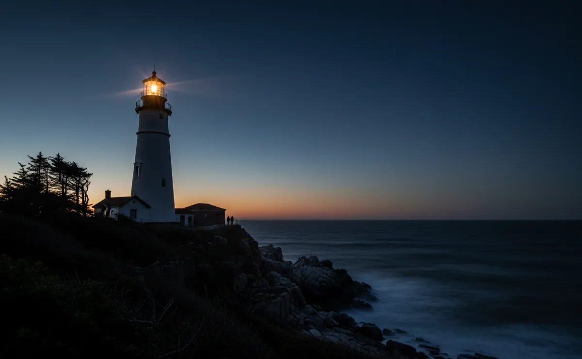 The Montauk lighthouse at dusk, its beacon shining against a dark blue sky.