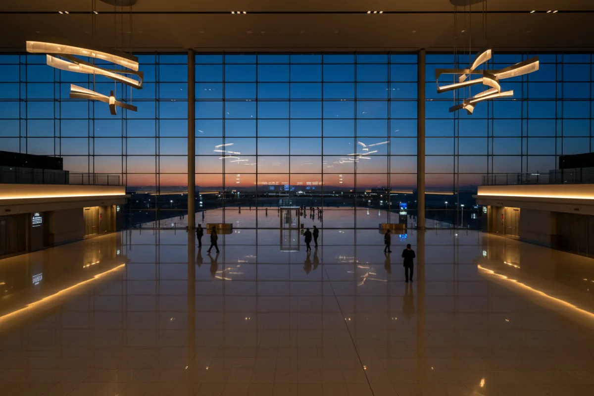 A modern, spacious airport terminal at dusk, with silhouetted travelers walking through the concourse.