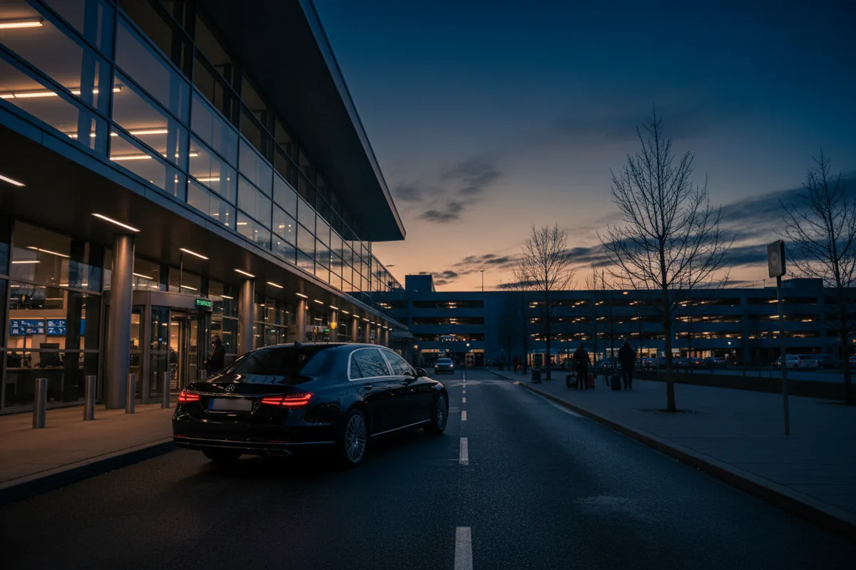 A black sedan at the departures curb of a modern Newark Airport terminal on a winter evening.