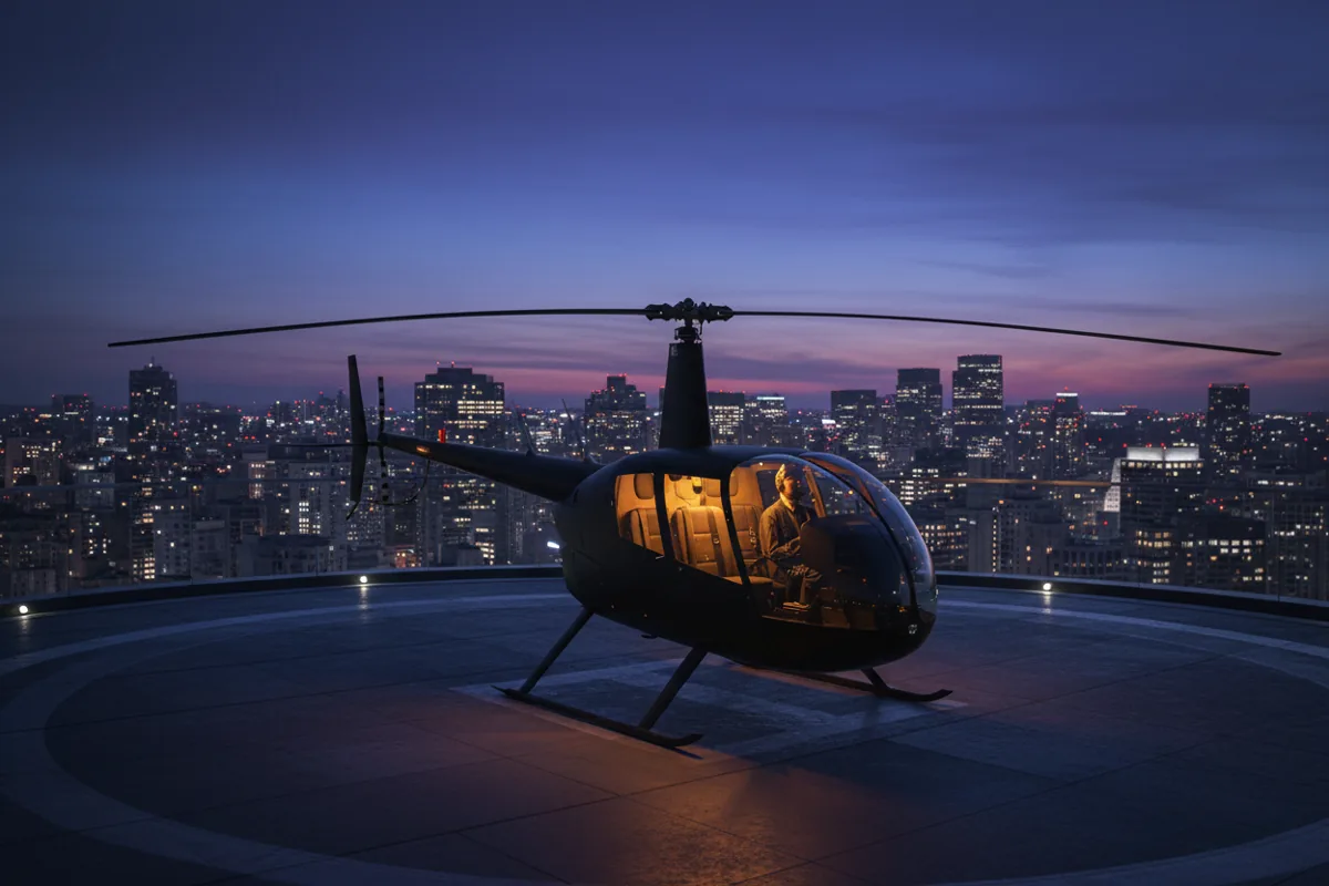 A helicopter on a city rooftop helipad at dusk, prepared for takeoff.