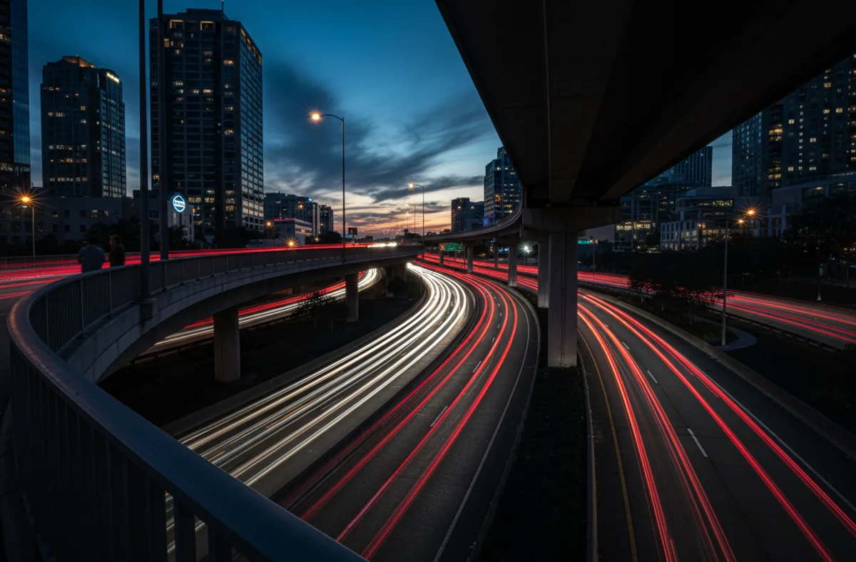 Long-exposure photograph of car traffic at night, showing streaks of light from headlights and taillights.